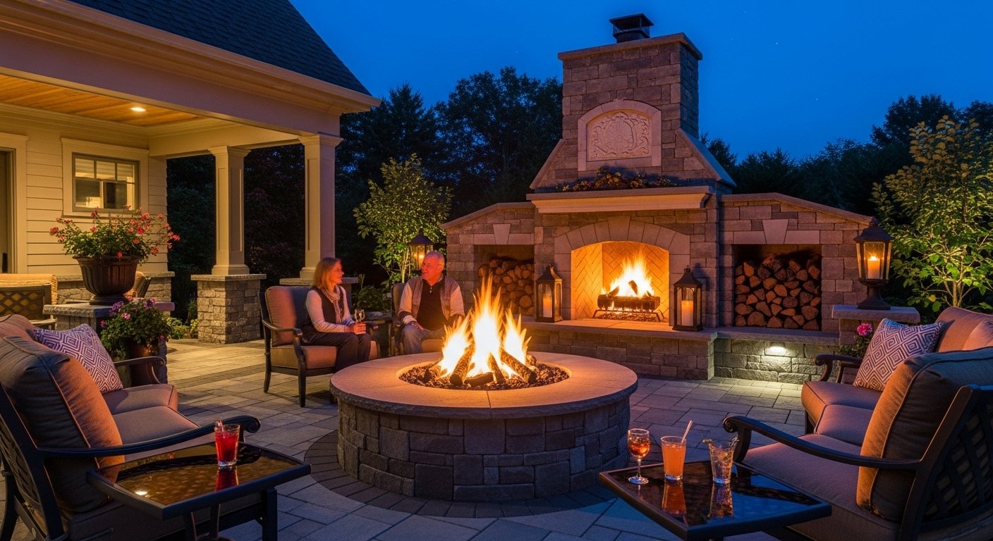 Outdoor fire feature and patio at night