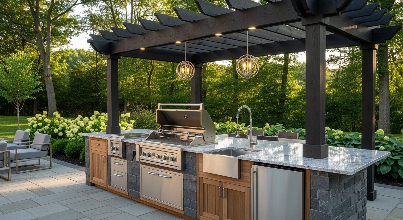 Outdoor kitchen hardscape installation in Connecticut